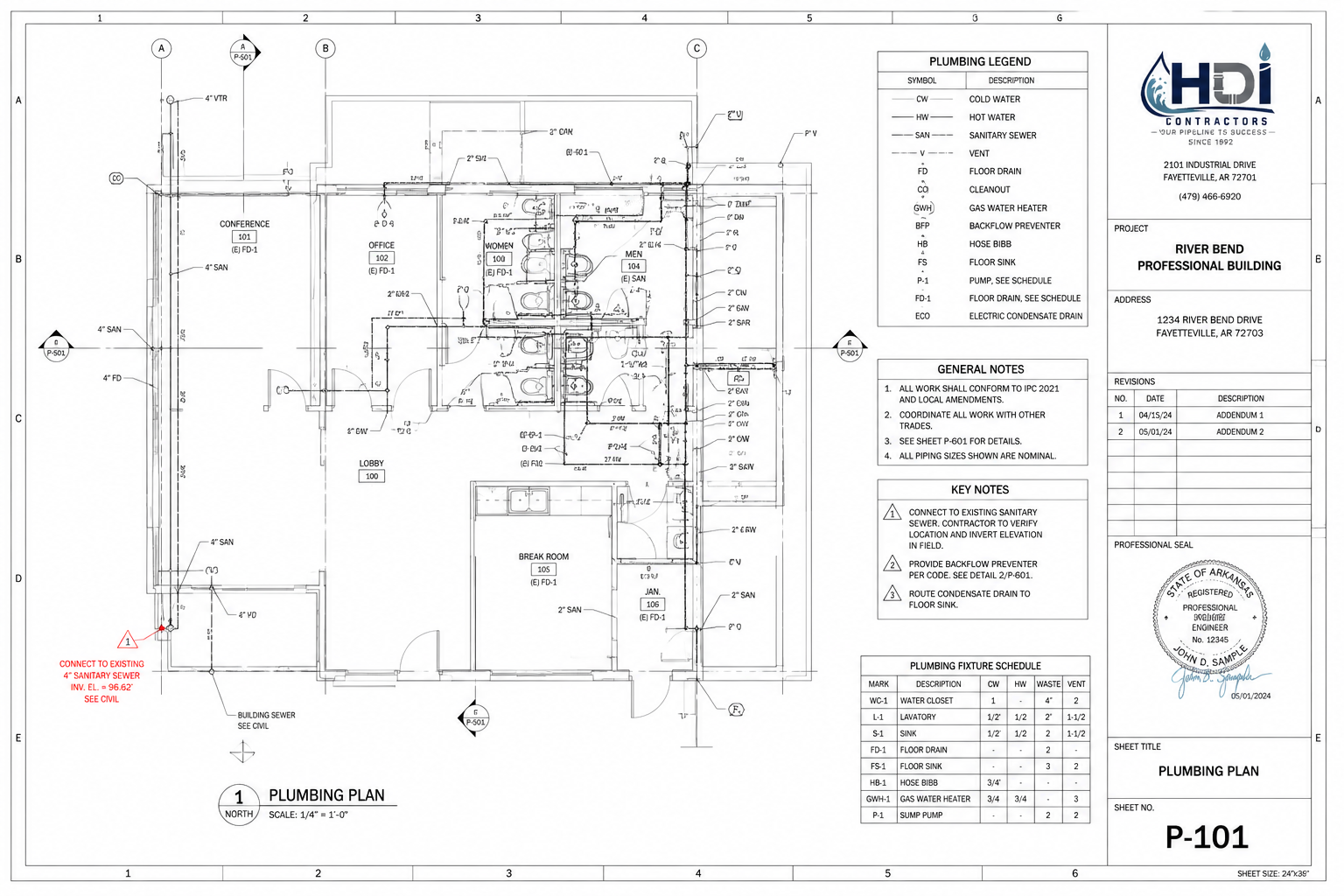 Detailed commercial plumbing blueprint showing fixtures, piping routes, schedules and coordination notes