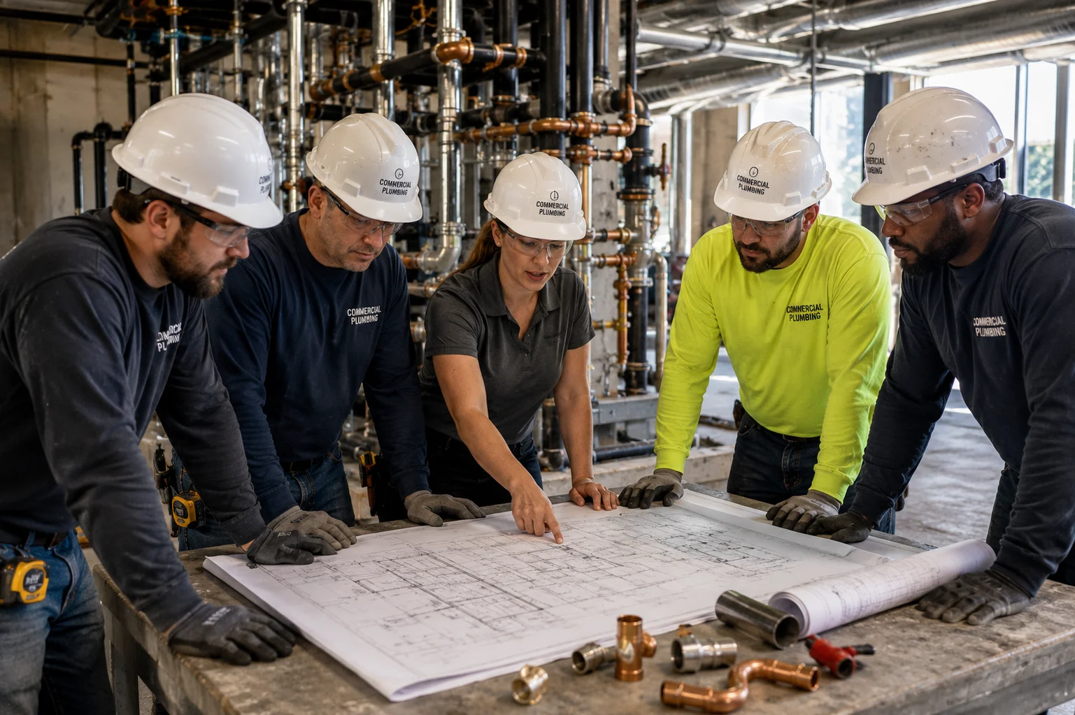 Commercial plumbing team reviewing blueprints in a mechanical room in Northwest Arkansas