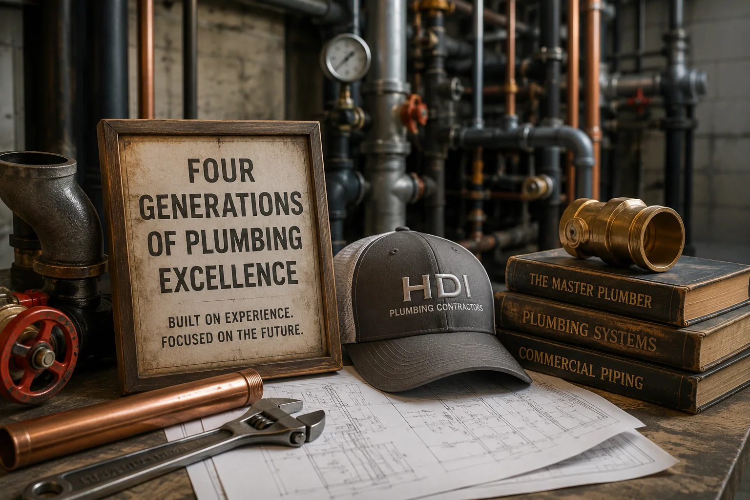 Four generations of commercial plumbing craftsmanship represented by tools, blueprints and industrial piping