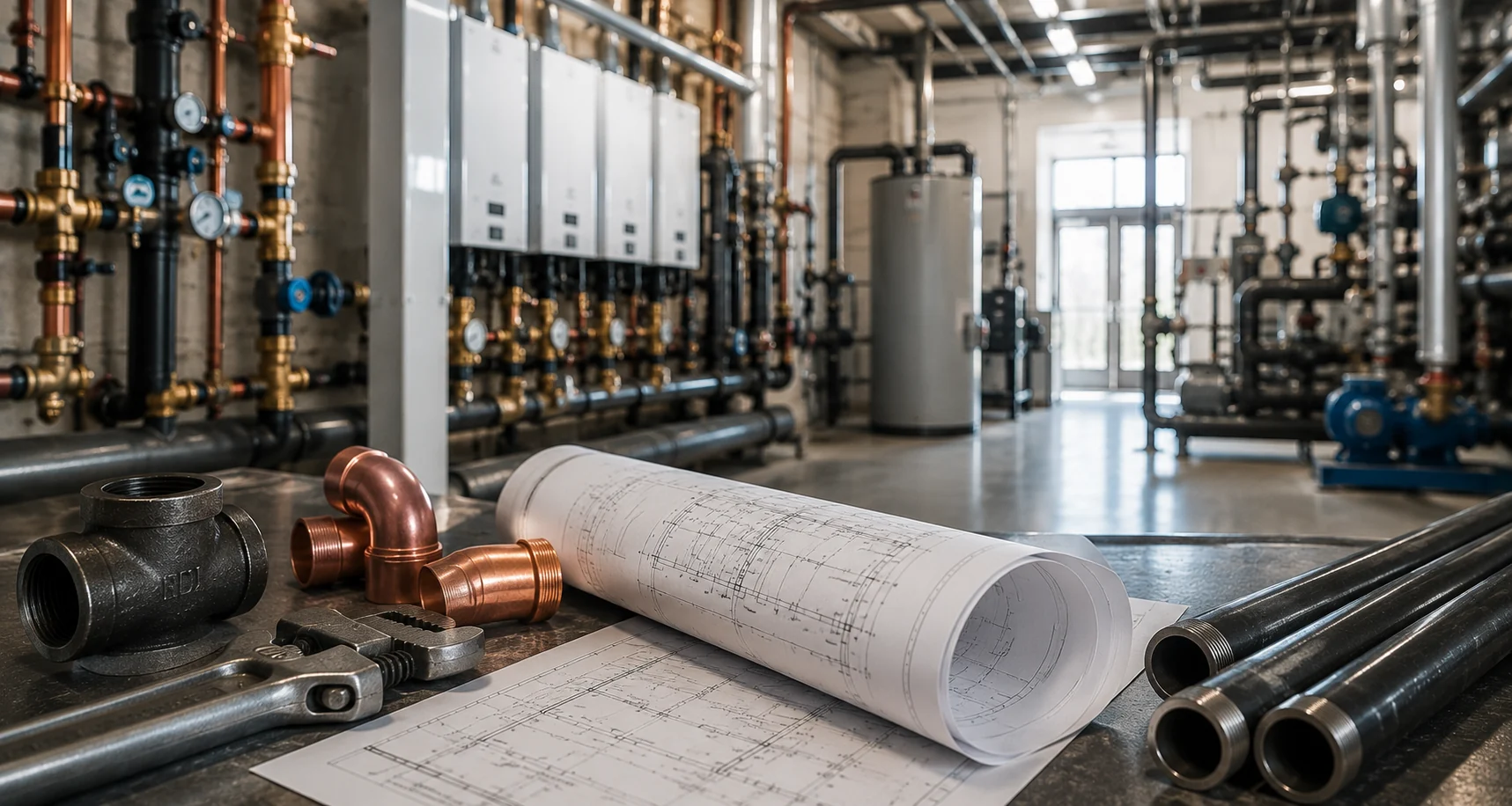Commercial plumbing mechanical room with water systems, valves, blueprints and professional plumbing tools