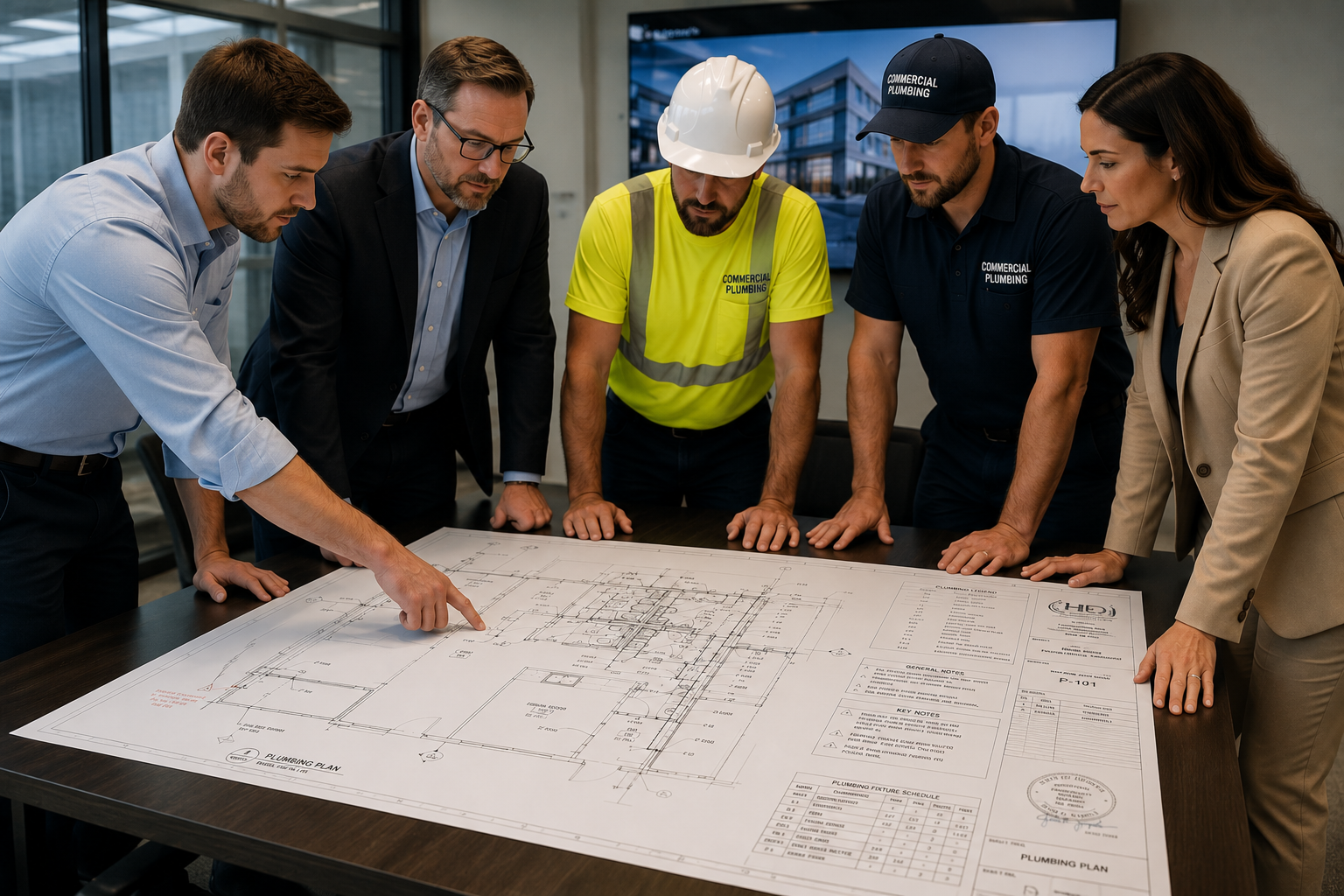 Engineer, architect, construction professional, plumber and business owner reviewing a commercial plumbing blueprint