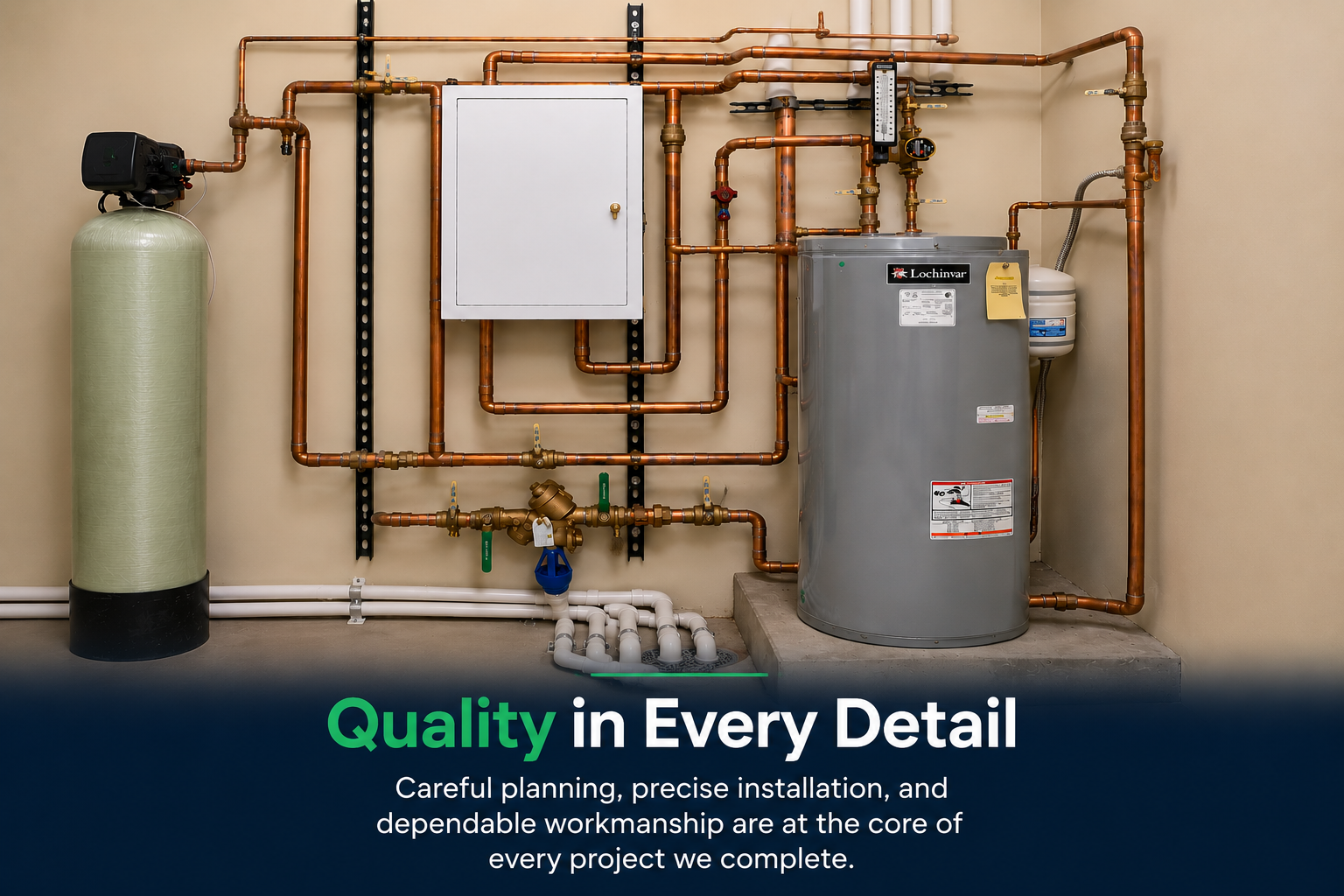 Detailed commercial water-heating and copper piping installation